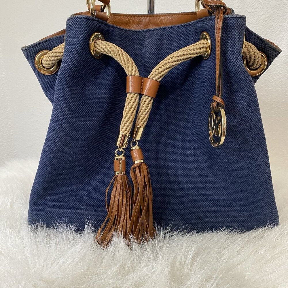 Michael Kors Marina Purse Navy Blue Canvas Brown Leather Tote Bag Bucket Bag - Picture 6 of 16